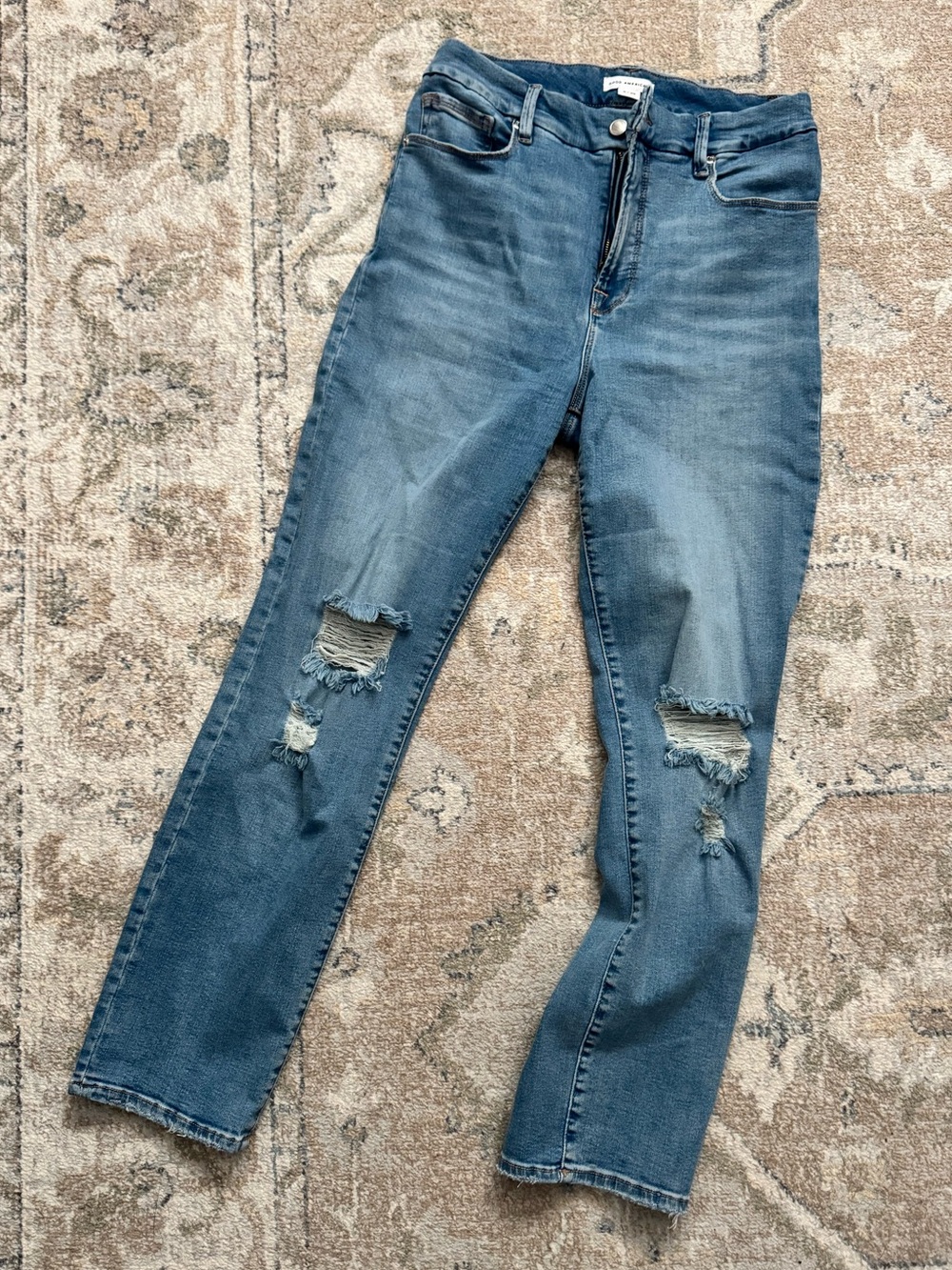 Good American Blue Distressed Slim Straight-Leg Jeans